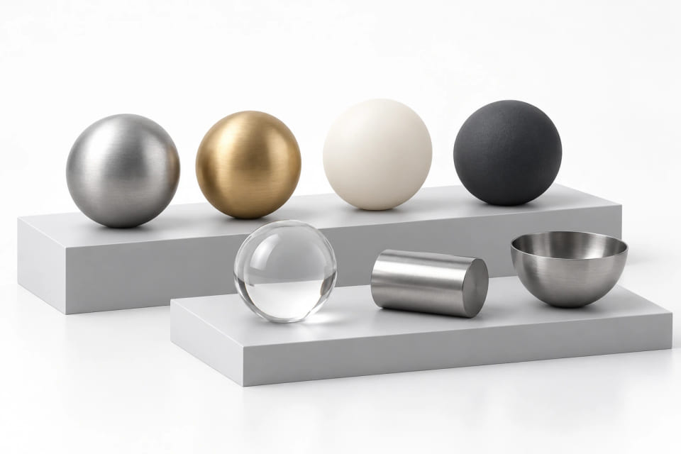 Colección CGI de esferas de metal, polímero, cerámica y vidrio, con formas de rodillo y cascarón hueco
