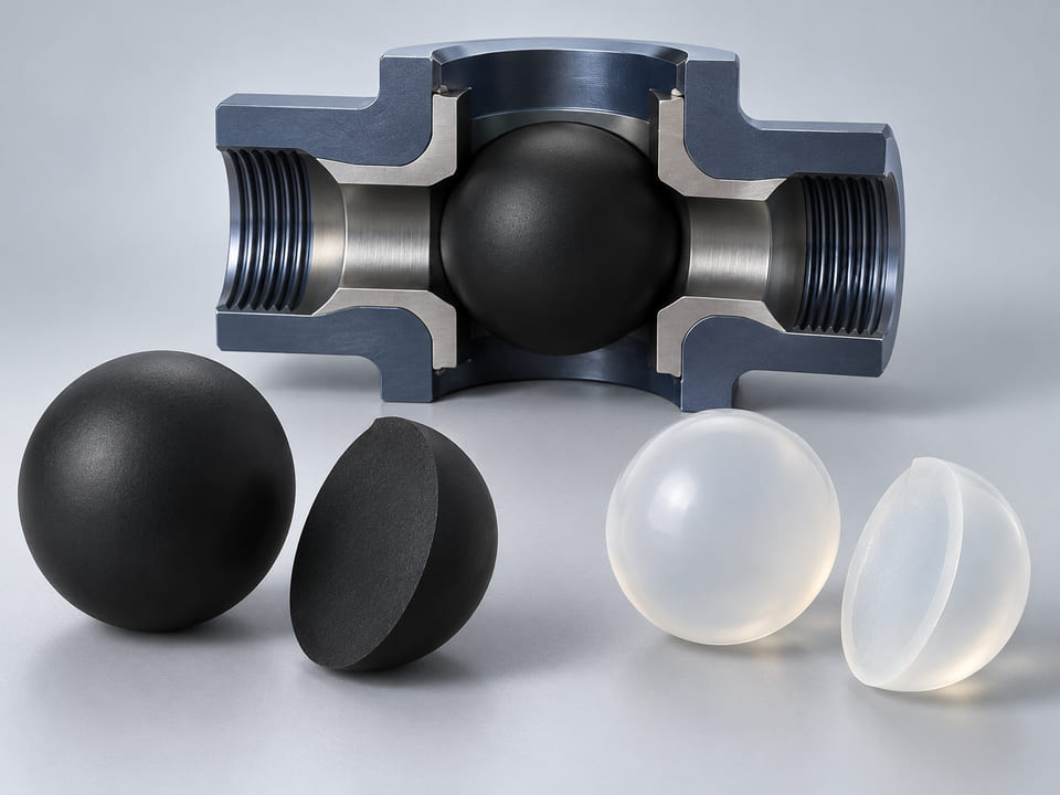 Konzeptionelle CGI-Darstellung: eine vollständige mattschwarze Gummikugel neben ihrem sauber geschnittenen Halbschnitt mit durchgehend gleichmäßigem schwarzem Elastomer und ohne Metallkern; daneben ein zweites Konzept aus transparentem Silikon